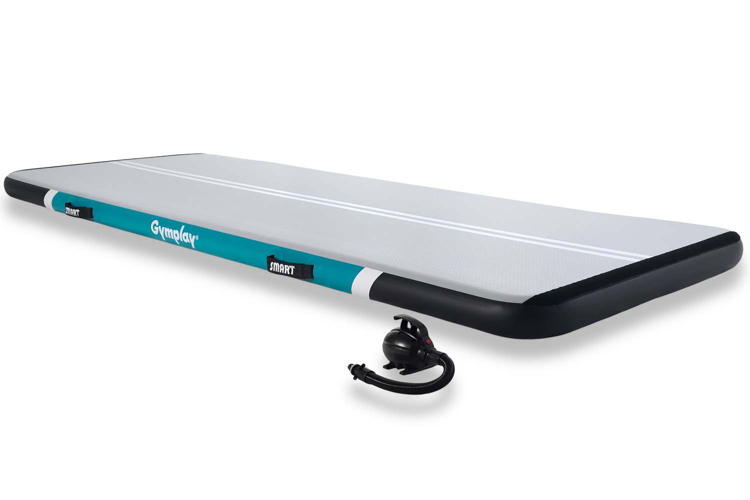 GymPlay SMART H10 airtrack i mint og grå med en sort elektrisk pumpe ved siden af